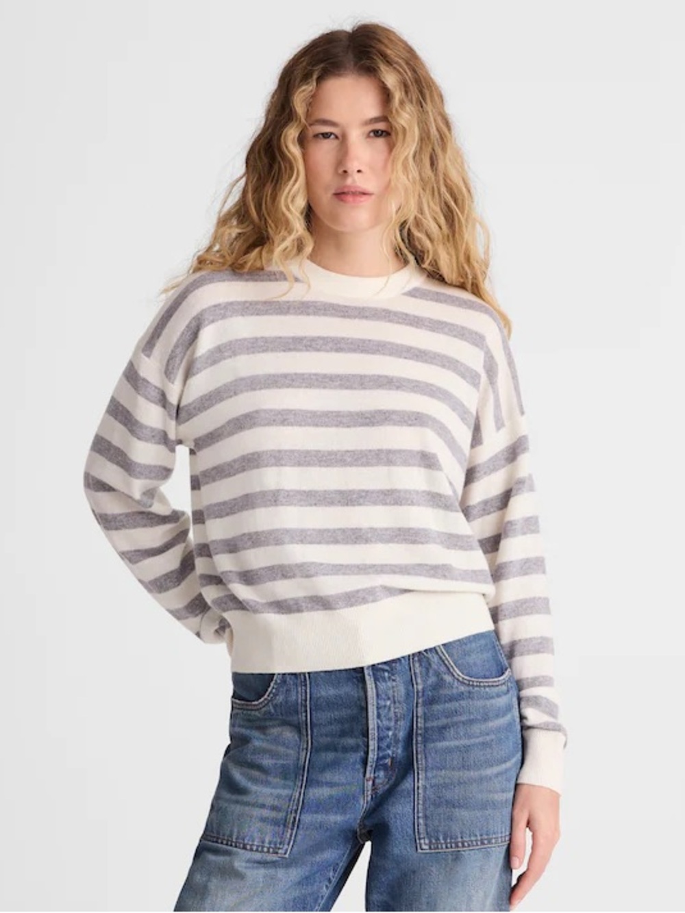 NWT Madewell Cashmere Crewneck Sweater in Ivory & Heather Grey Stripe size xxs